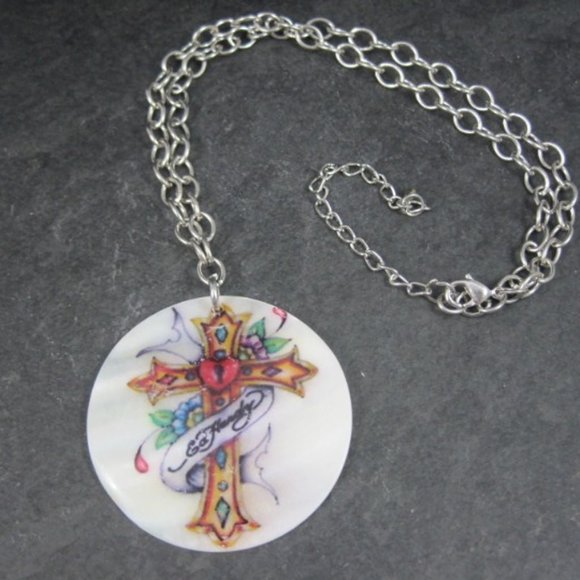 Ed Hardy Mother of Pearl Cross Necklace Earrings Set - Picture 1 of 6